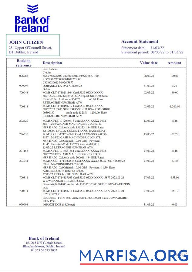 Realistic Ireland Bank of Ireland statement word sample
